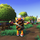 The mayor of Bugsnax holds two apples and stands on a dirt path in Bugsnax on Xbox Series X/S.